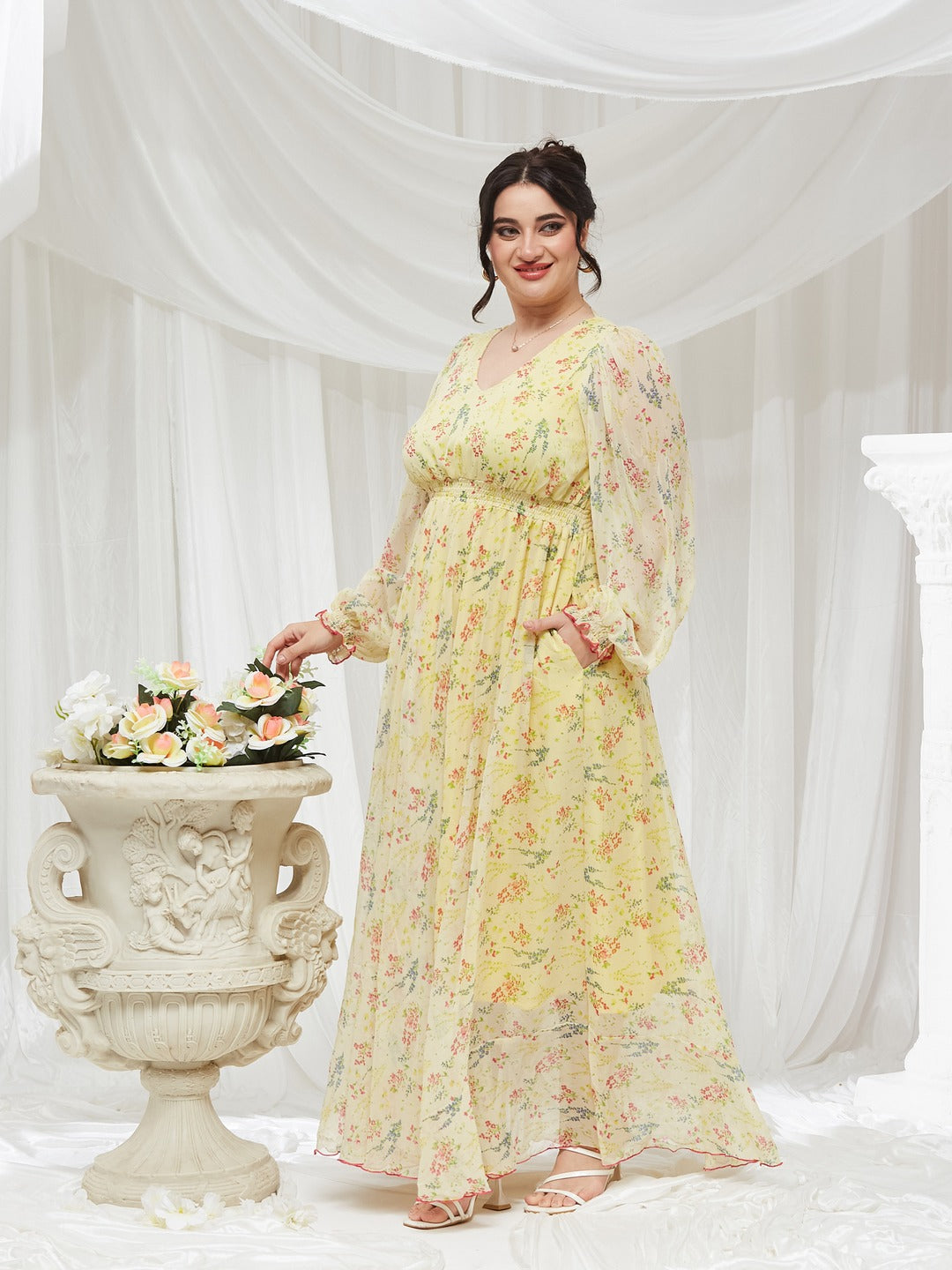 Lime Yellow V-Neck Bishop Sleeve Floral Gathered Chiffon Maxi Dress for Women