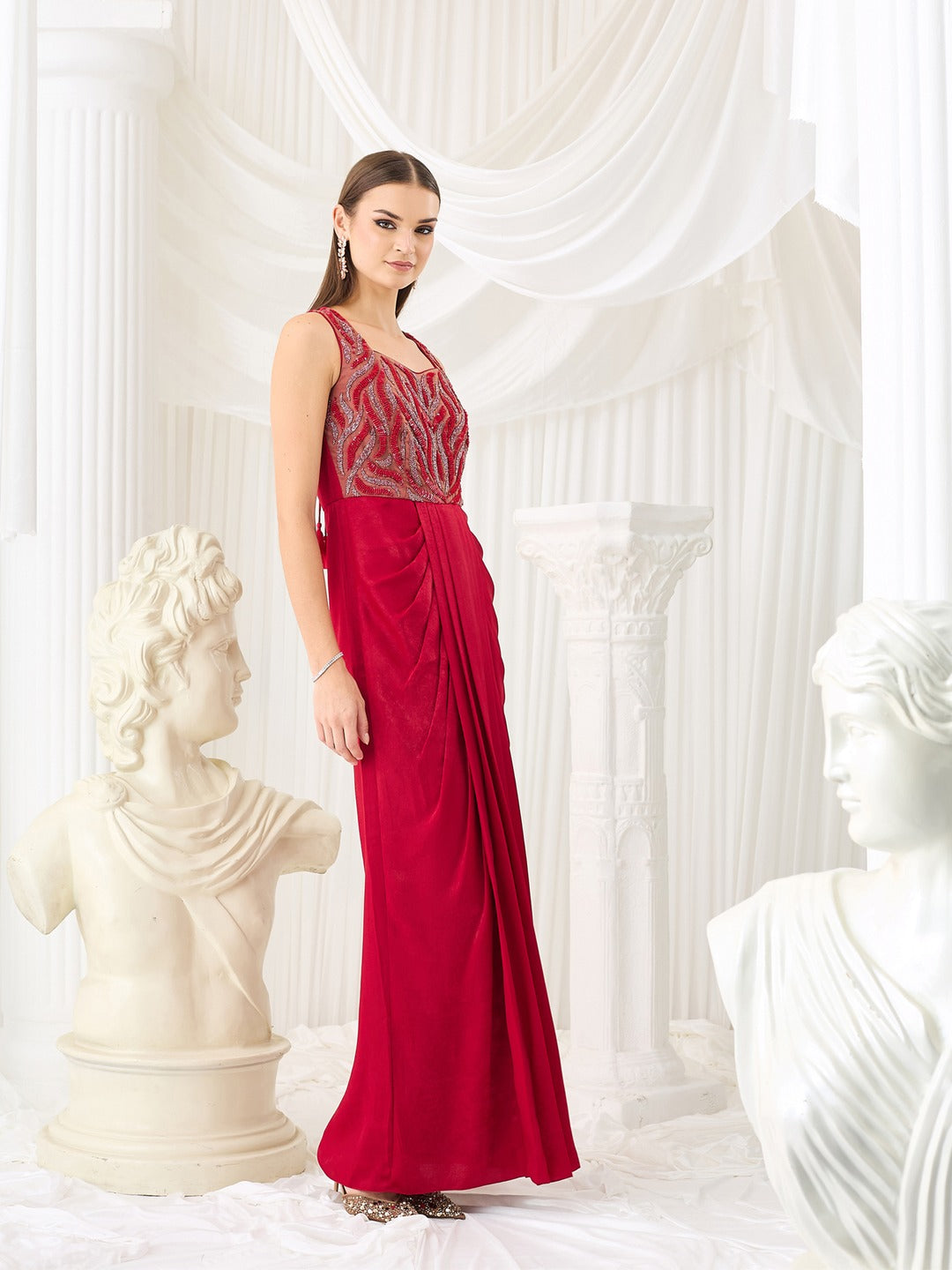 Embroidered Satin Gown in Red with Sweetheart Neckline for Women