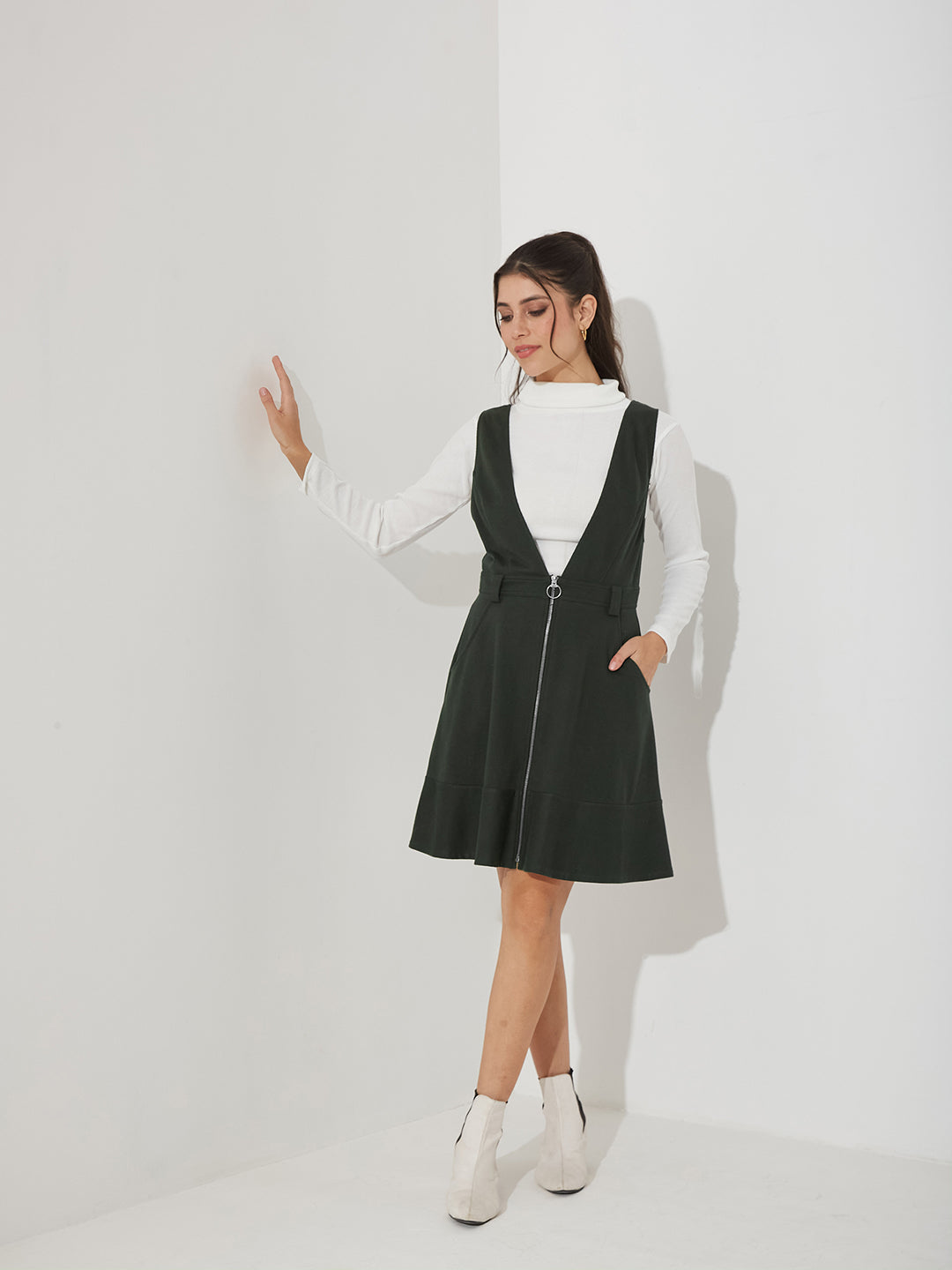Bottle Green Solid Polyester Pinafore Dress with Zipper Detail and Side Pockets for Women