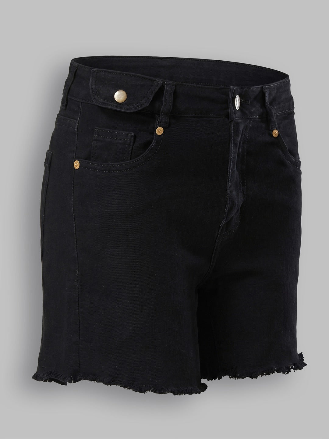 Black Relaxed Fit High Rise Stretchable Denim Shorts for Women