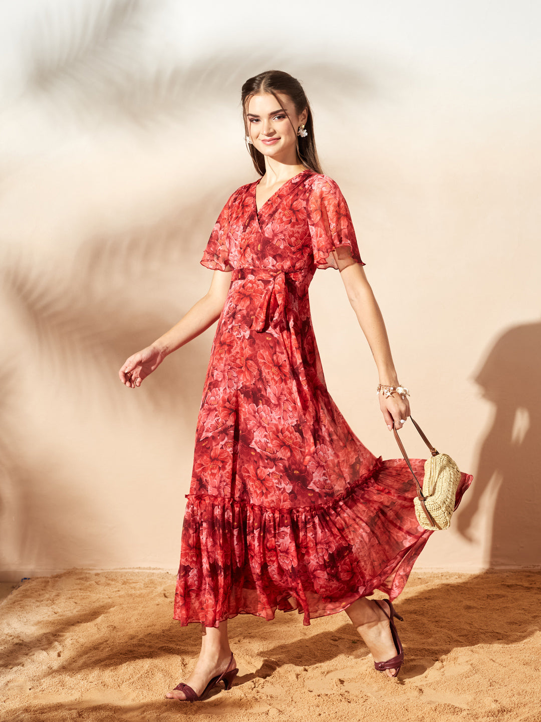 Red Floral Printed Flutter Sleeves Maxi Dress for Women