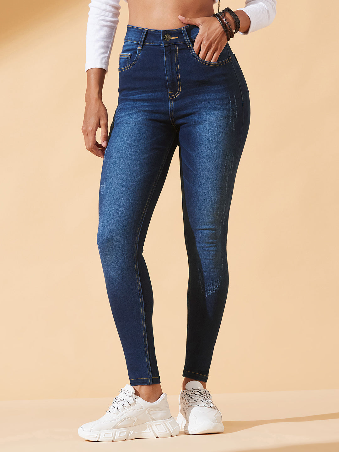 High-Rise Navy Blue Skinny Jeans with Mild Distress, Whiskering & Cat Scratch Detailing For Women
