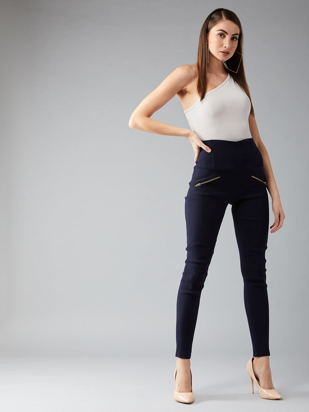 Women's Navy Blue Solid Skinny High Waist Regular Length Zipper Detailing Treggings