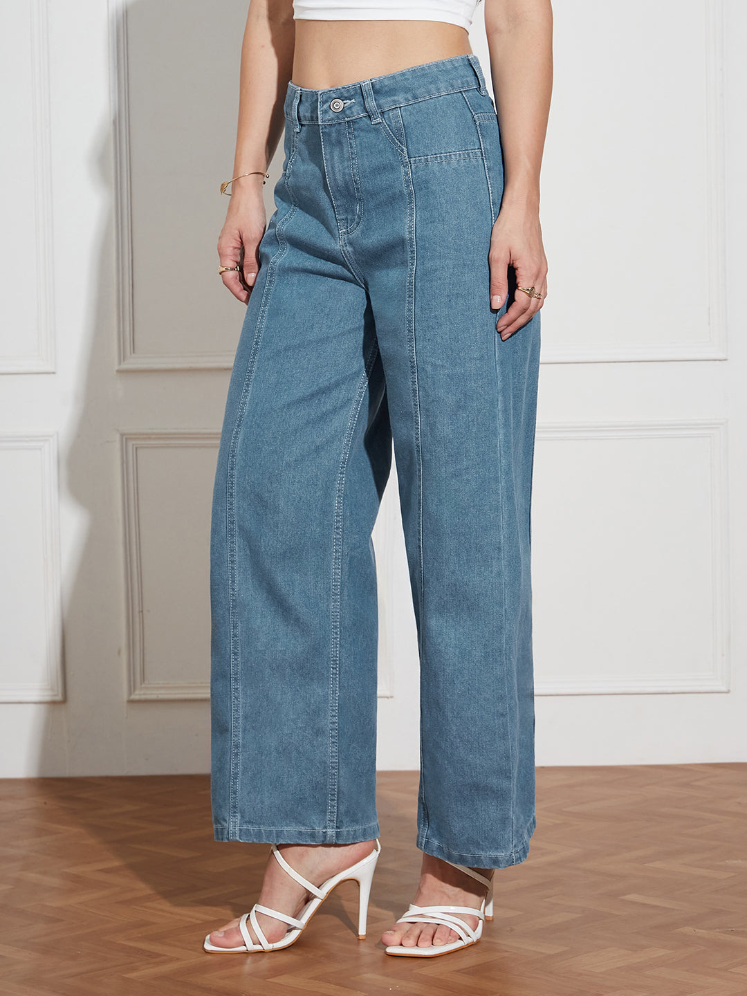 Women's Blue Wide-Leg High-Rise Clean-Look Regular-Length Denim Jeans