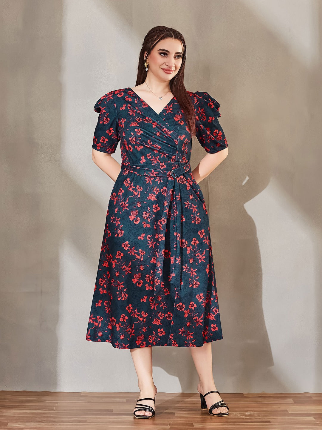 Teal V-neck Puff Sleeve Floral Wrap Midi Dress for Women