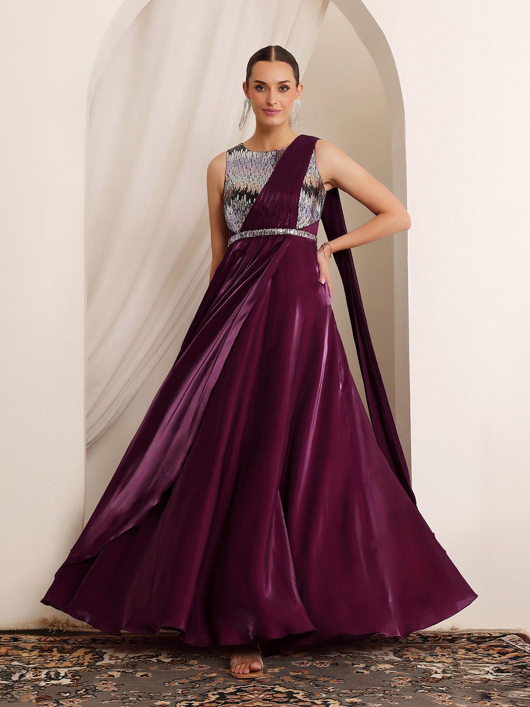 Women's Dark Purple Round Neck Sleeveless Embellished Layered Satin Maxi Dress