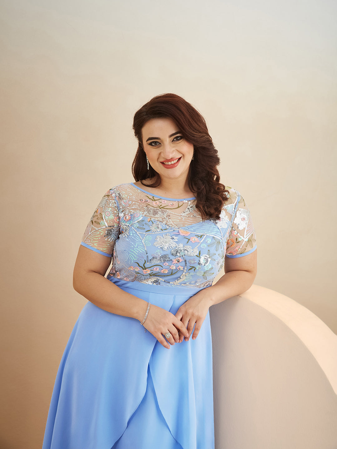 Multicolored-Base-Sky Blue Round Neck Short Sleeve Floral Layered Georgette Midi Dress for Women