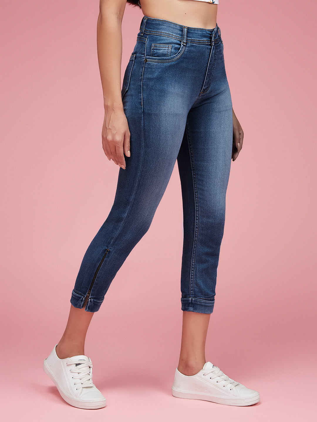 24/7 comfort Women's Blue Skinny Fit High Rise Ankle Length Acid Wash Blast Effect Denim Stretchable Jeans