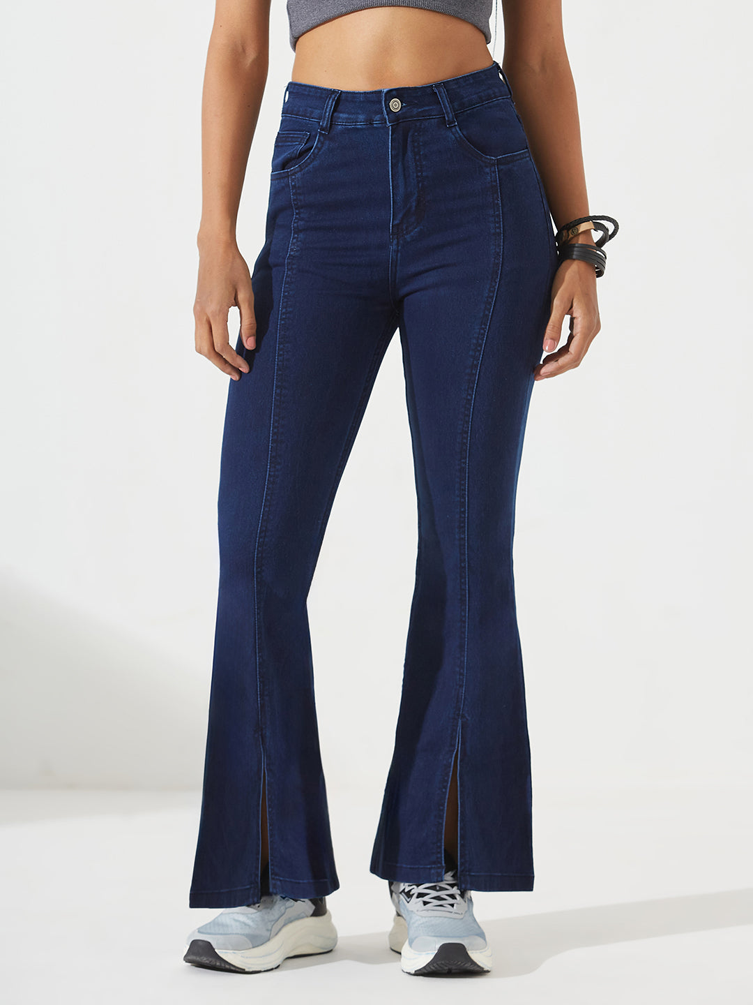 Navy Blue Bootcut High-Rise Regular Stretchable Denim Jeans For Women