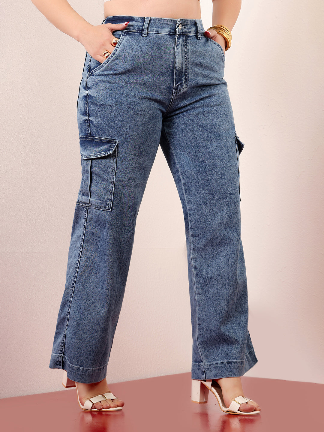 Women's Light Blue Wide-Leg High-Rise Clean-Look Stretchable Flared Cargo-Style Denim Jeans