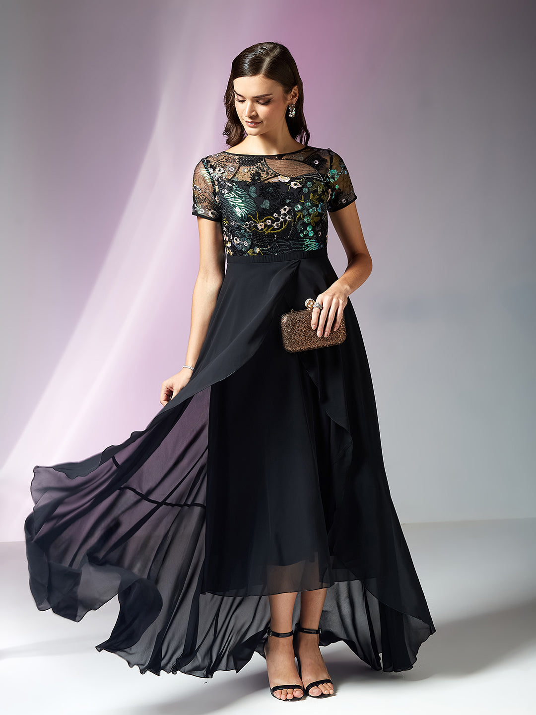 Multicolored-Base-Black Round Neck Short Sleeve Floral Layered Georgette Midi Dress for Women