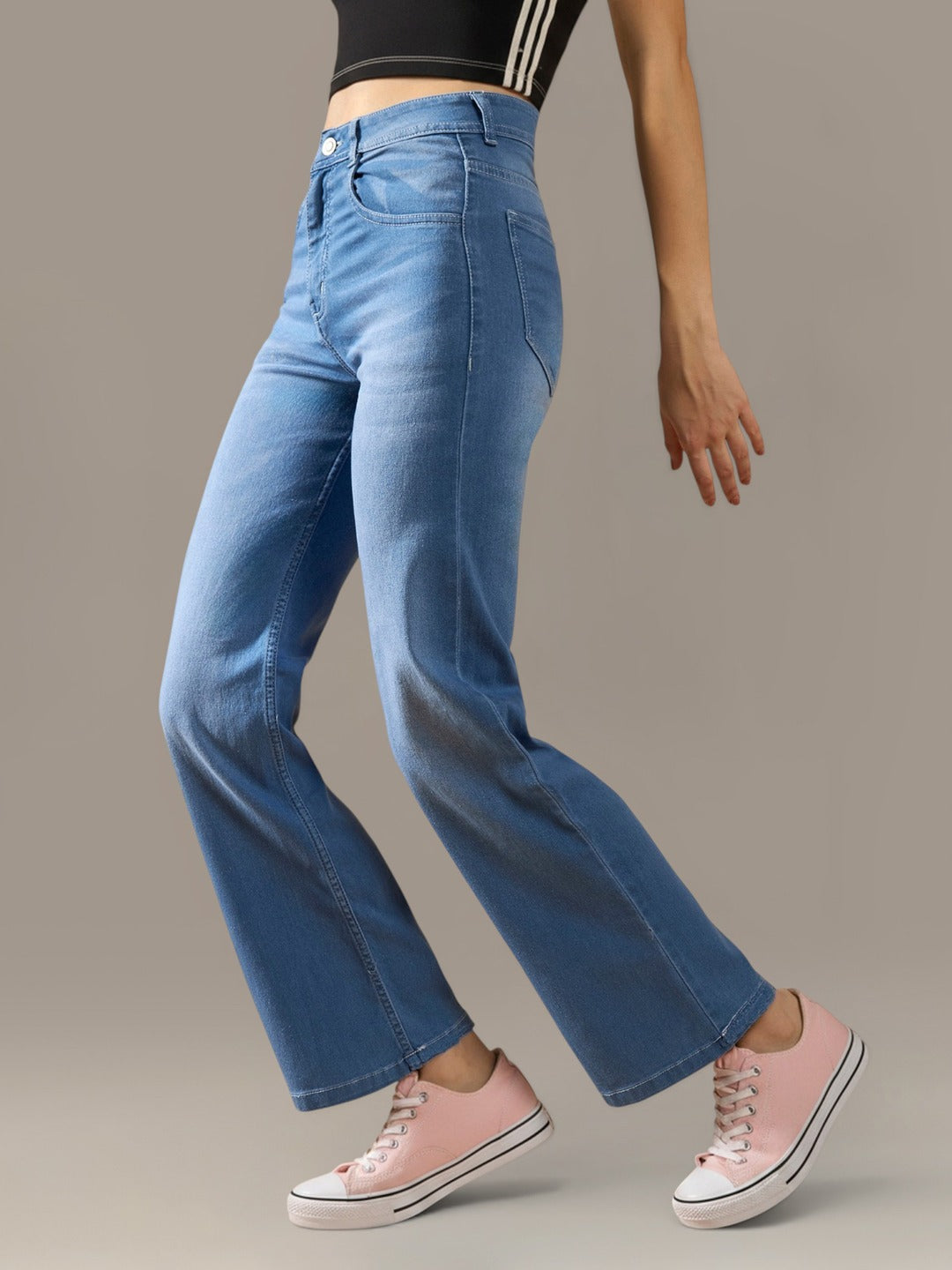 Light Blue Wide-Leg Mid Rise Blast Effect Light Weight Denim Jeans for Women