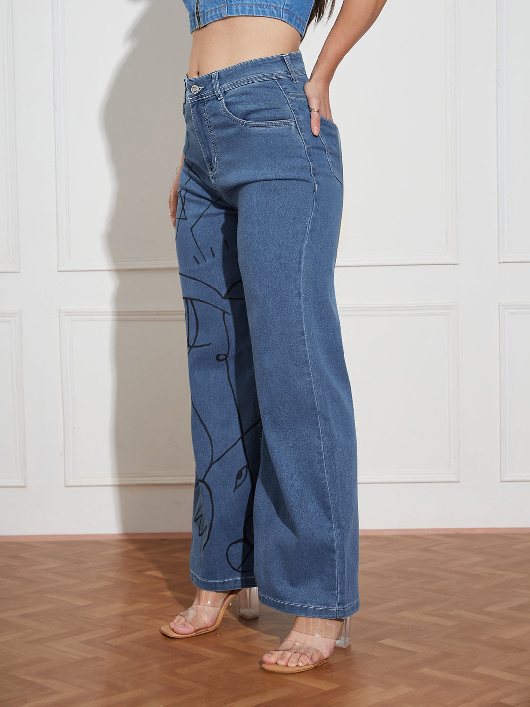 Women's Blue Wide Leg High Rise Hand Painted Clean Look Stretchable Denim Jeans