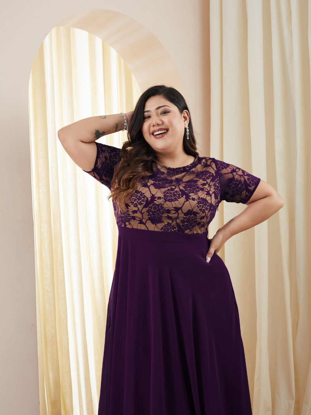 Dark Purple Round Neck Half Sleeve Self Design Fit & Flare Georgette Maxi  Dress for Women