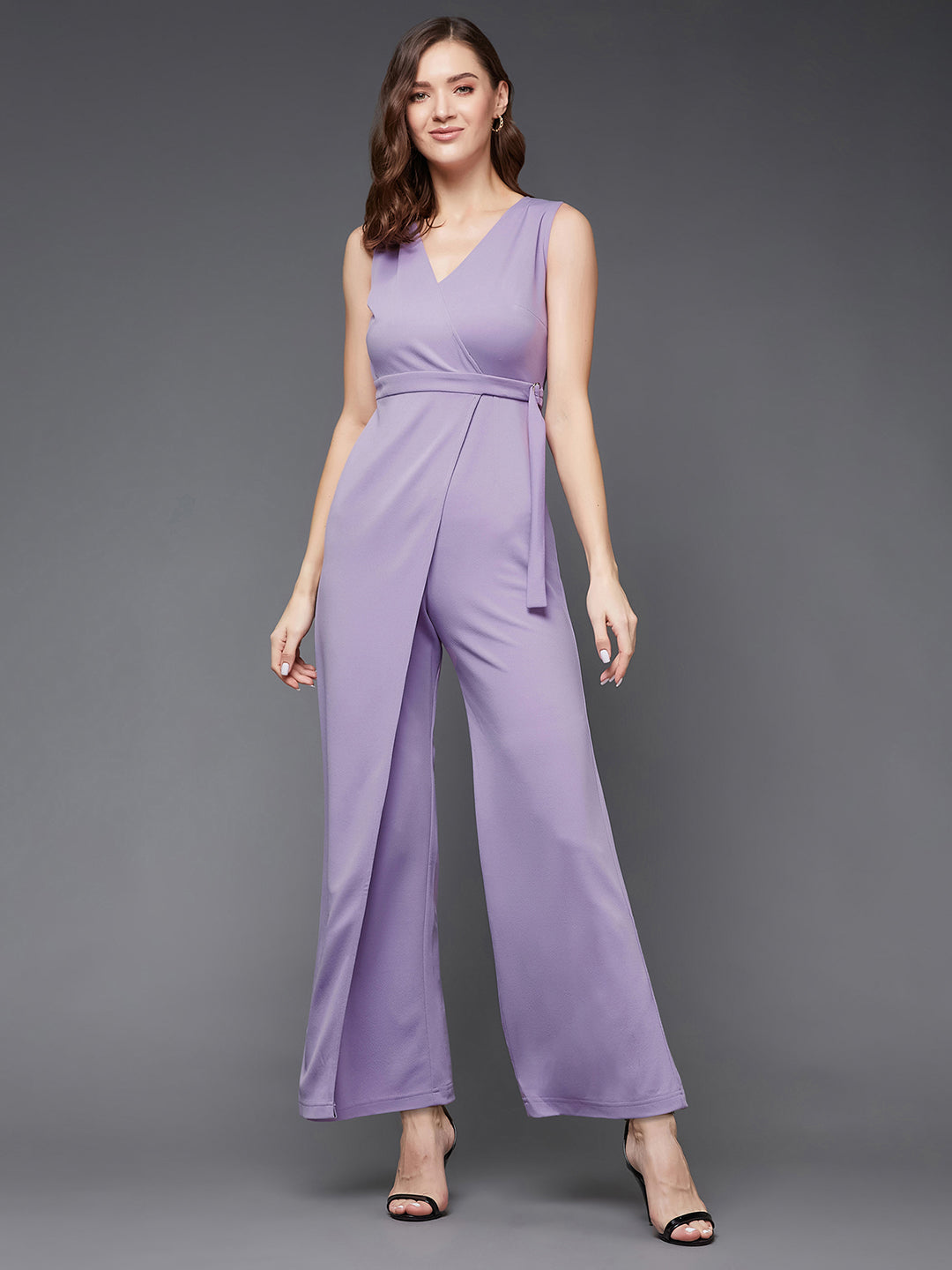 Crease Ease Women's Light Lavender V-Neck Sleeveless Solid Wrap Jumpsuit