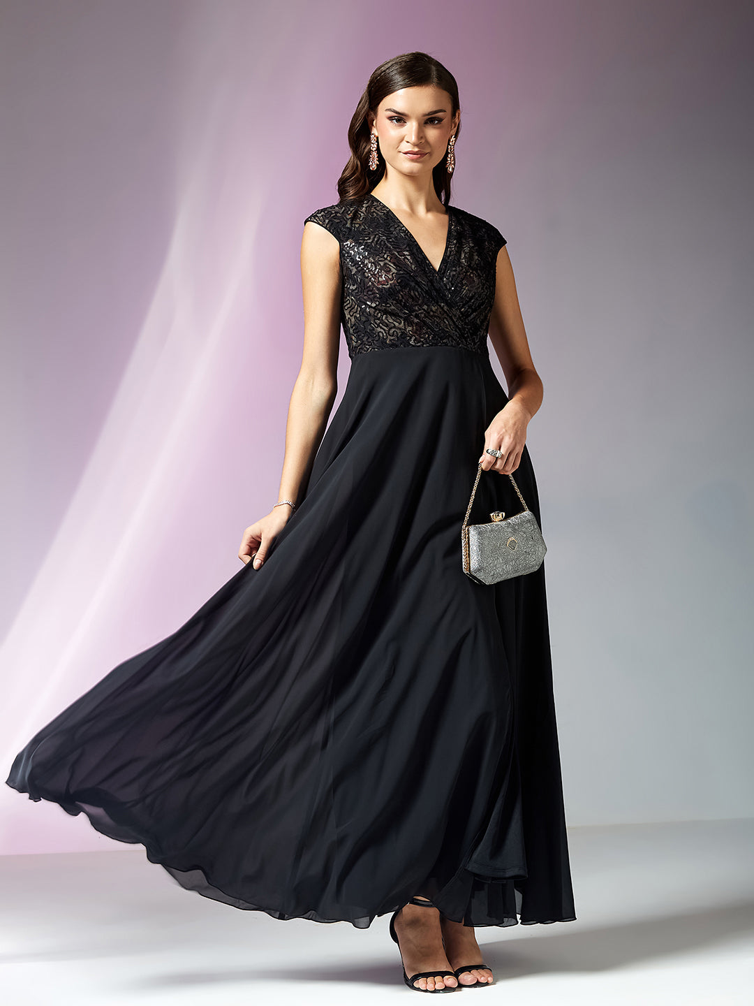 Black Extended Shoulder Embellished Georgette Maxi Dress for Women