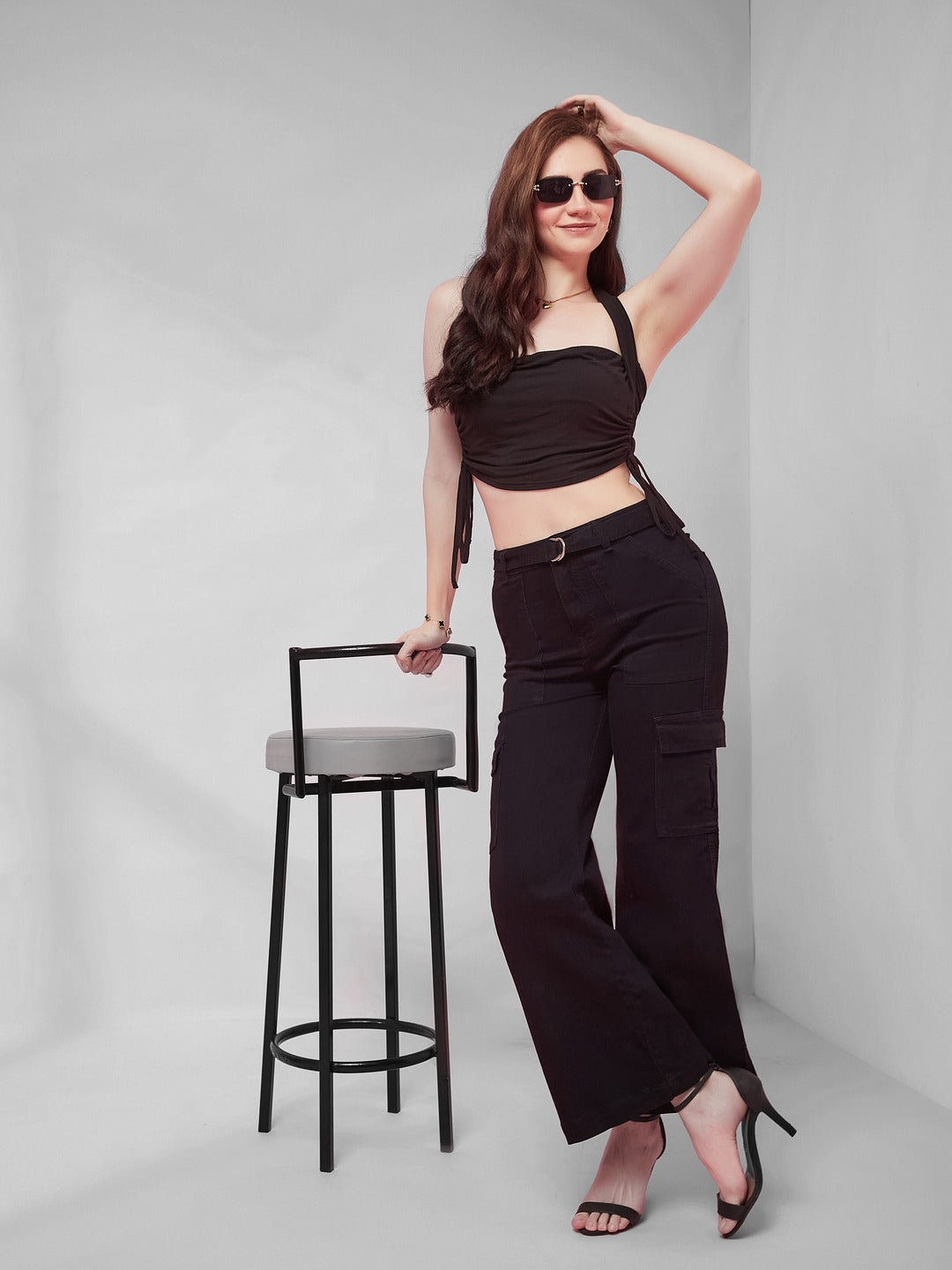 Black Wide leg high-rise Regular Stretchable Denim Jeans for Women