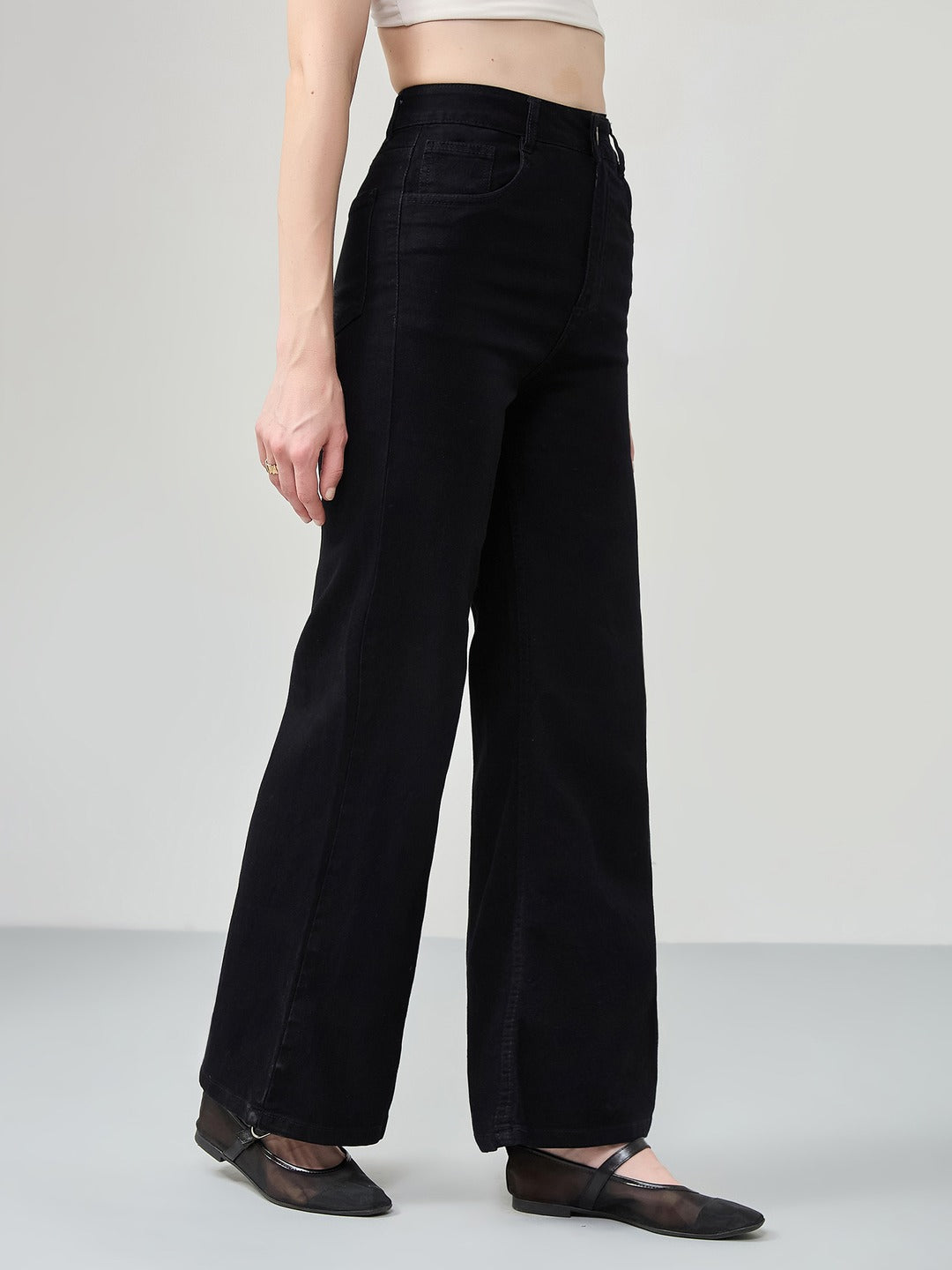 Black Wide Leg high-rise Stretchable Denim Jeans for Women