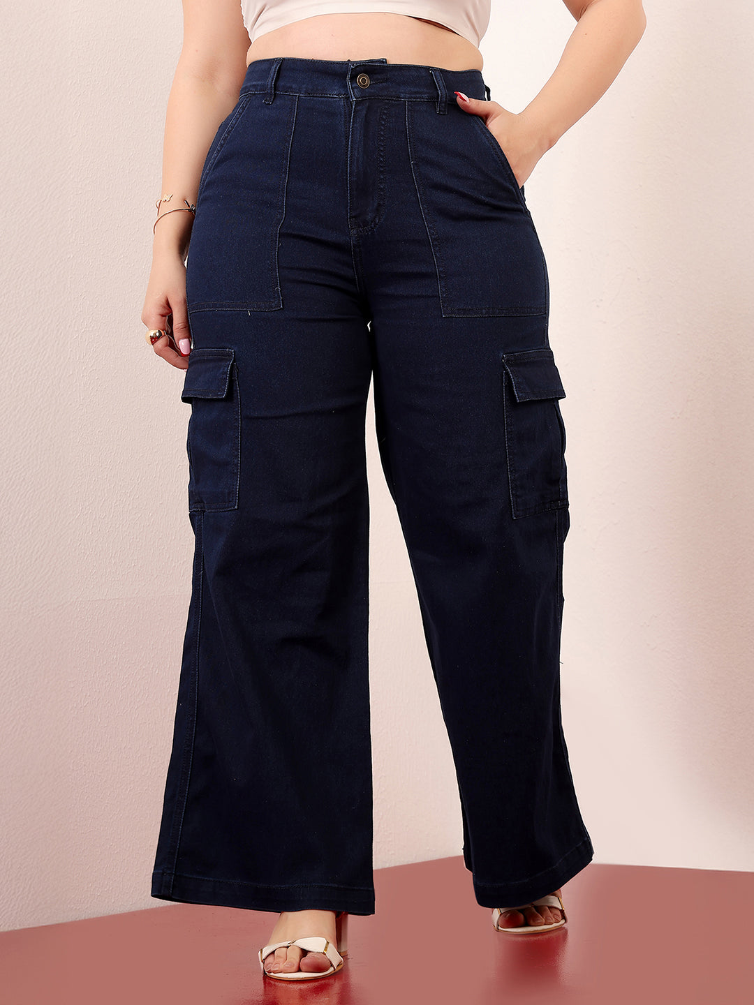 Women's Navy Blue Wide-Leg High-Rise Clean-Look Stretchable Denim Cargo Jeans