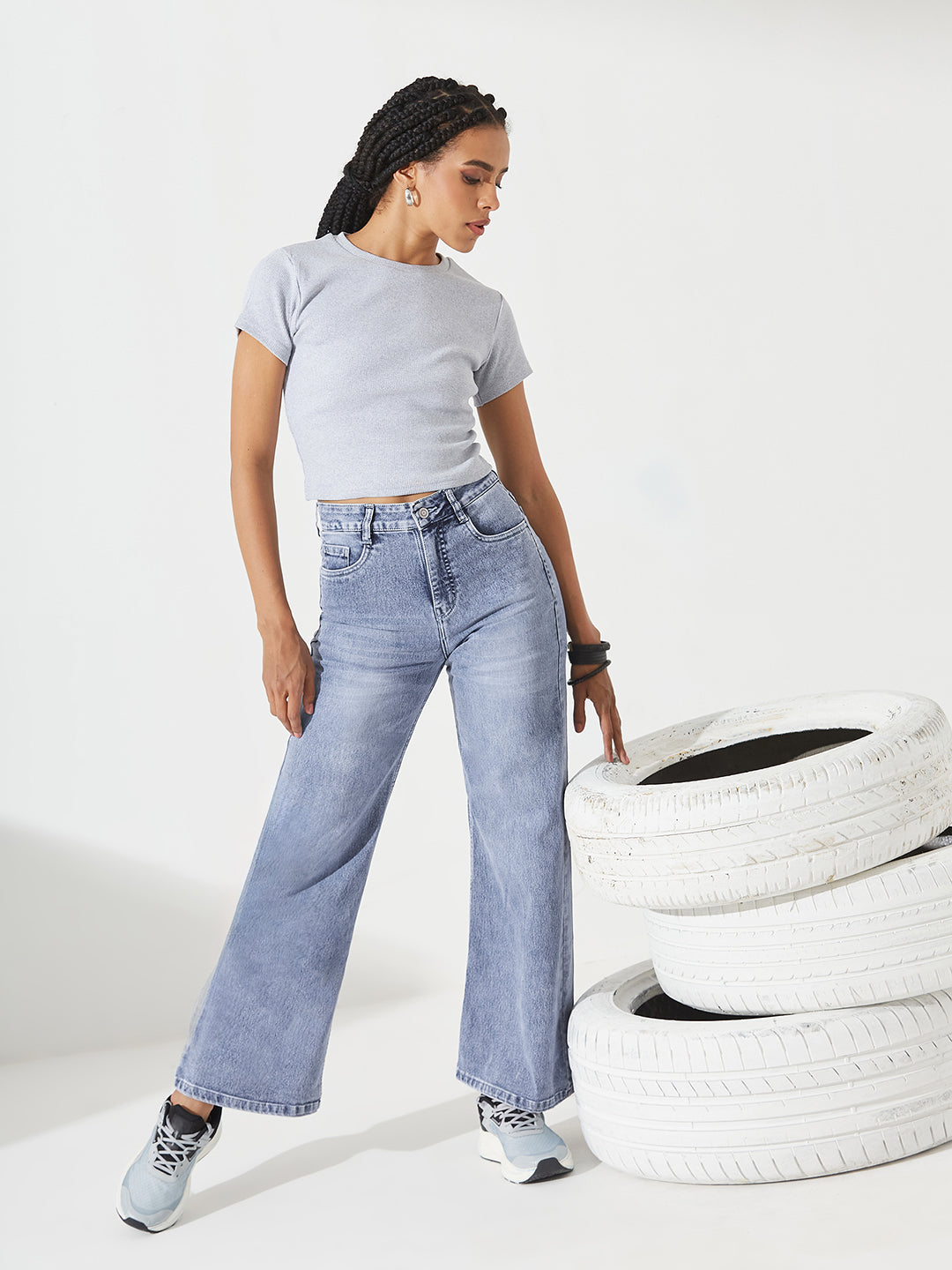 Light Blue High-Rise Stretchable Denim Wide Leg Shaping Jeans For Women