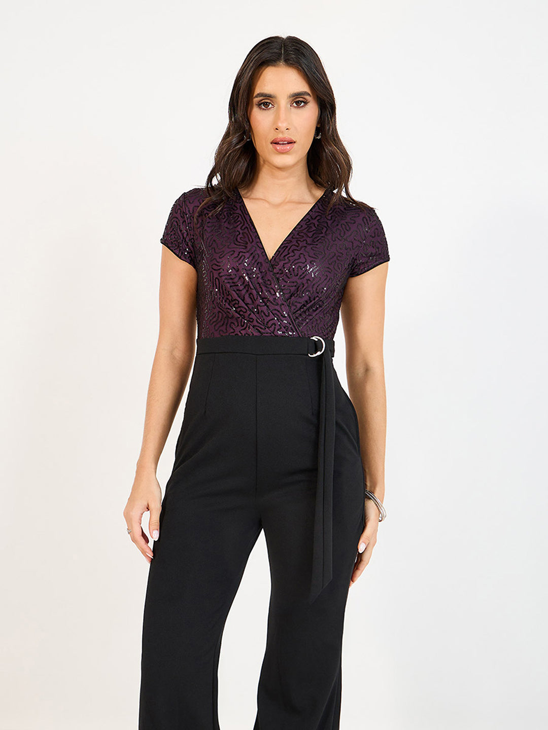 Women's Black V-Neck Short Sleeve Embellished Wrap Polyester Jumpsuit