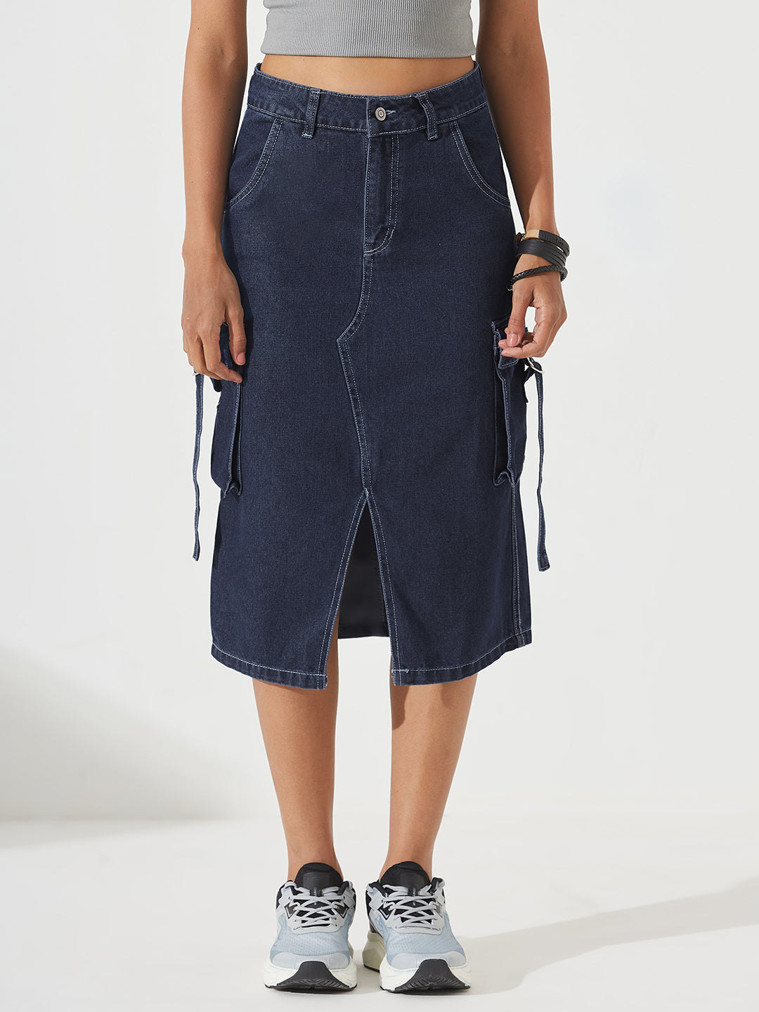 Navy Blue Straight High-Rise Midi Denim Skirt for Women