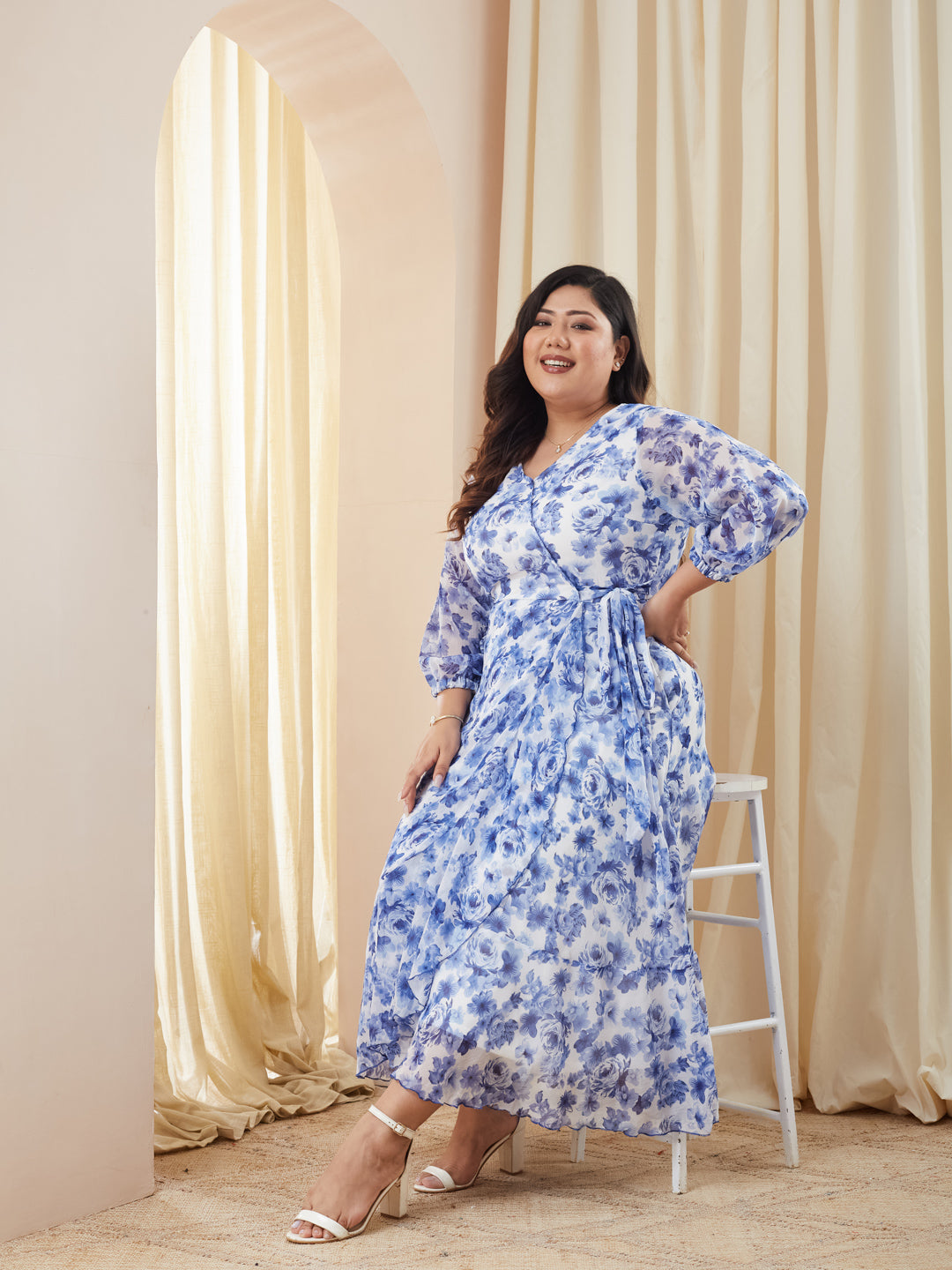 Multicolored-Base-White V-Neck Three-Quarter Sleeve Floral Wrap Chiffon Midi Dress for Women