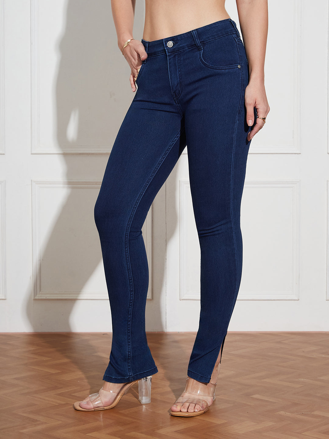 Women's Navy Blue Skinny Fit Mid Rise Cropped Length Side Slit Denim Stretchable Jeans