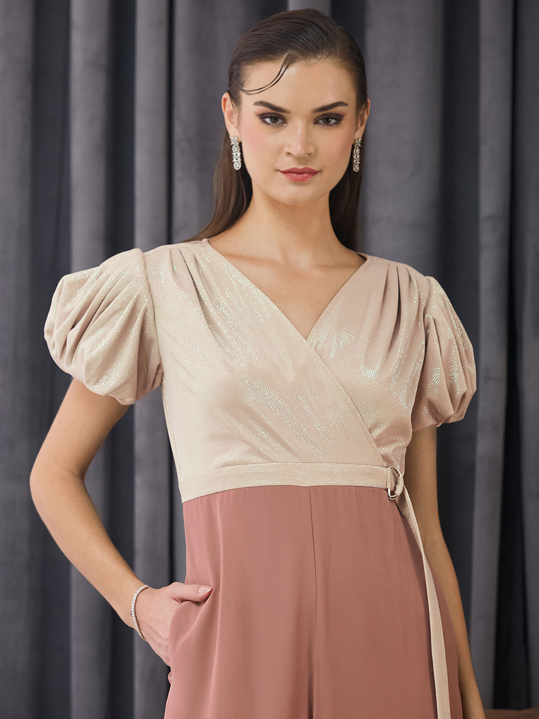 Women's Dusty Peach V-Neck Half Sleeve Embellished Wrap Regular  Jumpsuit