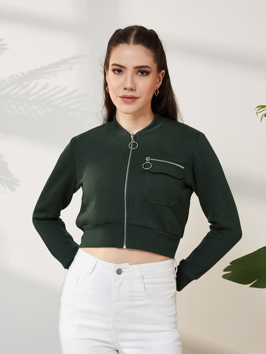 Green Stand Collar Full Sleeves Cotton Boxy/Bomber Cropped Jacket for Women