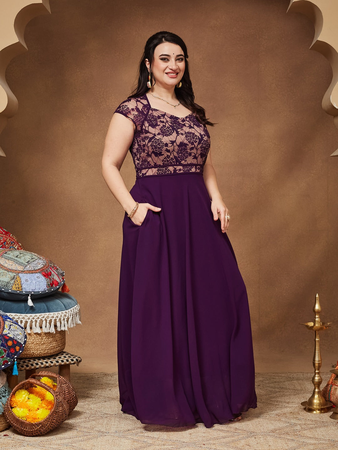 Dark Purple Sweet-Heart Neck Cap-Sleeve Floral Fit & Flare Georgette Maxi Dress for Women