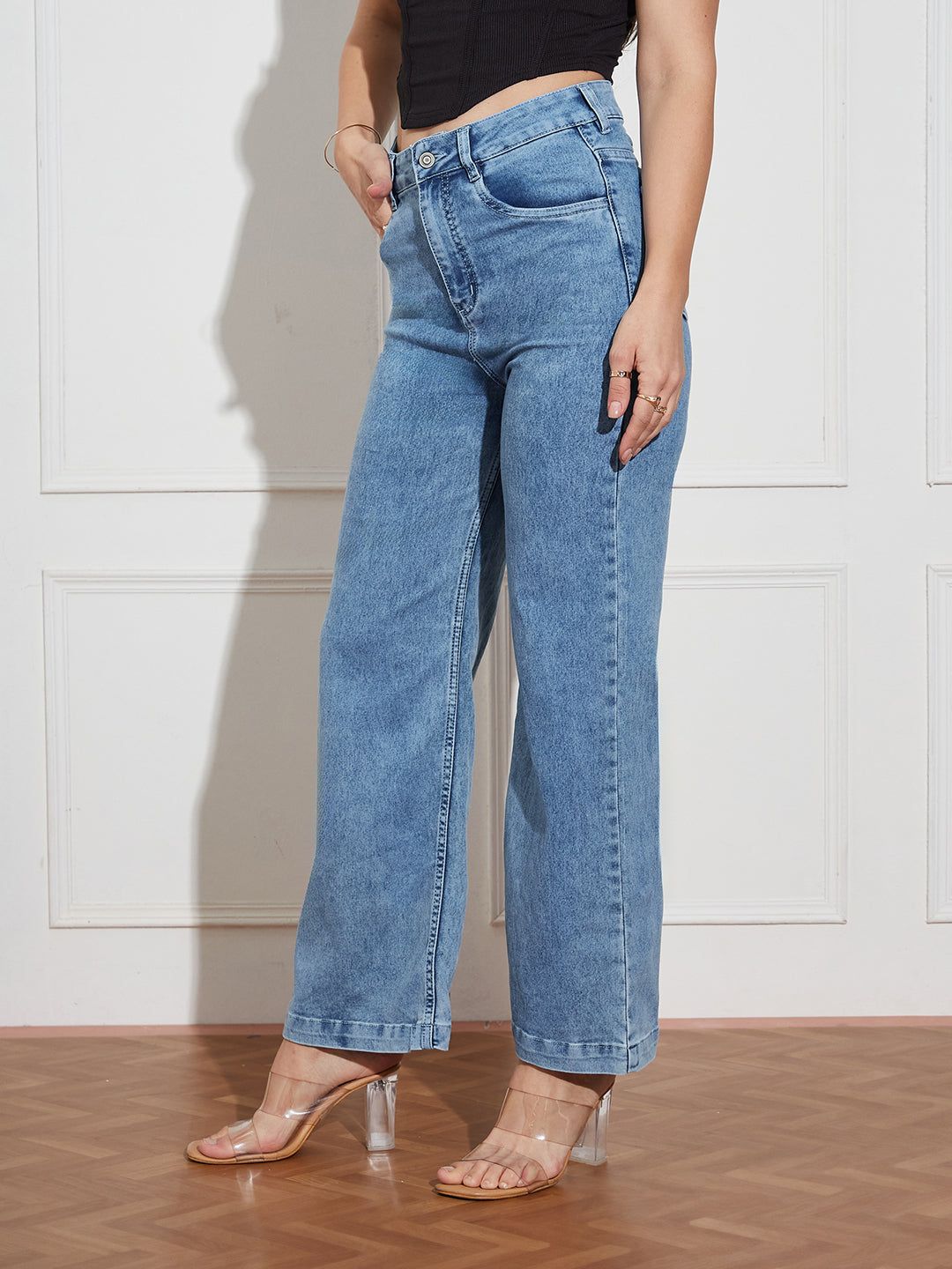 Women's Light Blue Wide-Leg High Rise Clean Look Regular Stretchable Denim Jeans
