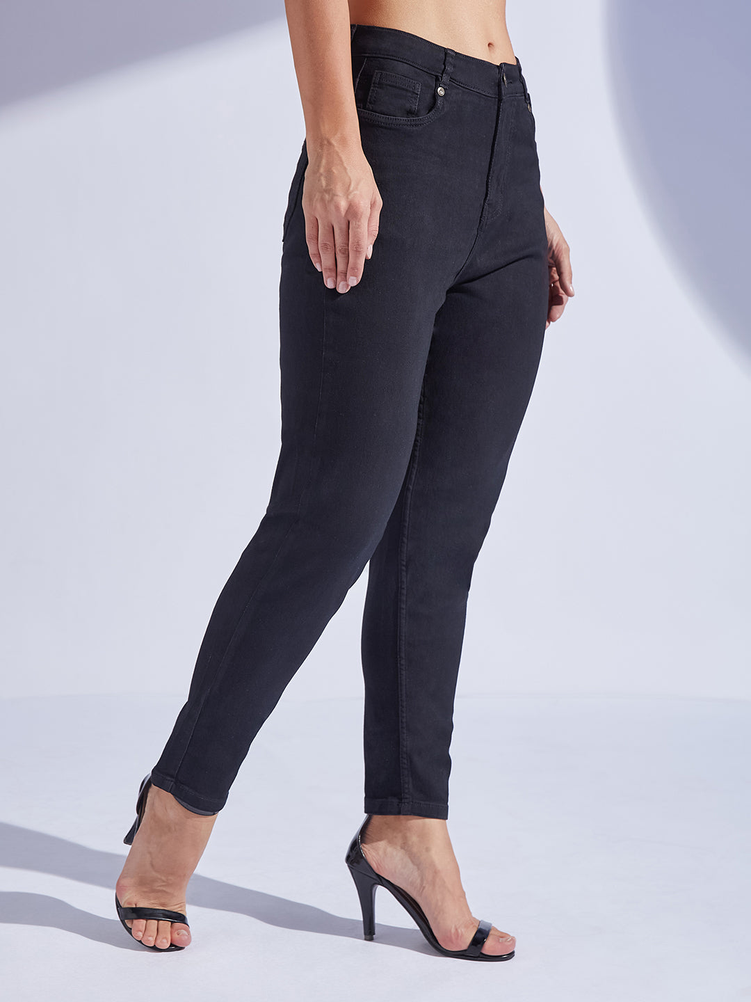 Women's Black High-Rise Regular-Length Stretchable Denim Mom'S Jeans