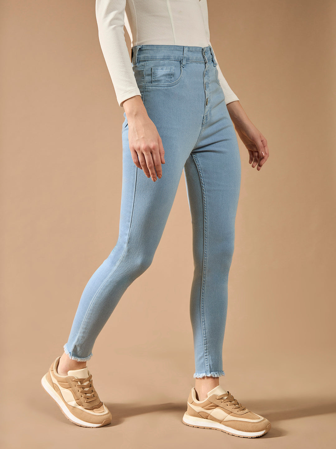 Women's Light Blue Skinny High-Rise Clean-Look Fringed Hemline Cropped Acid Wash Solid Stretchable Denim Jeans