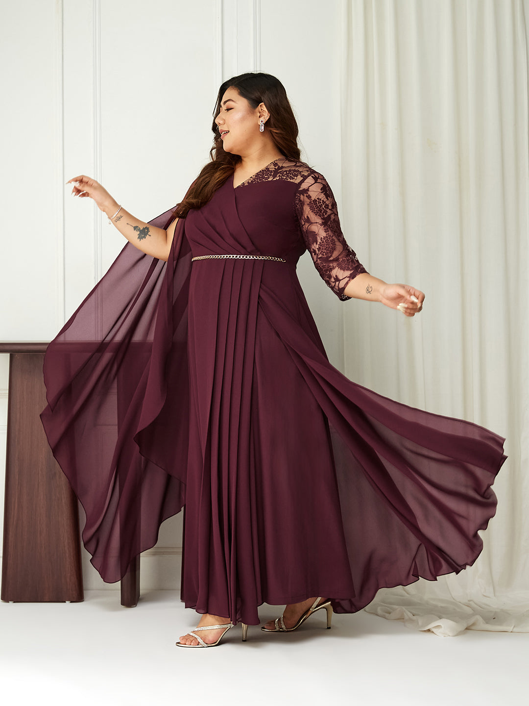 Women's Wine V-Neck Three-Quarter Sleeve Self-Designed Asymmetric Georgette Maxi Dress