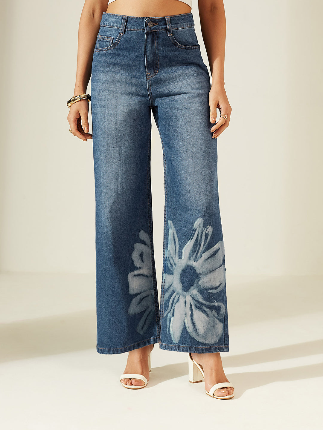 Navy Blue Wide-Leg High-Rise Denim Jeans with Hand-Painted Floral Motif Artwork for Women