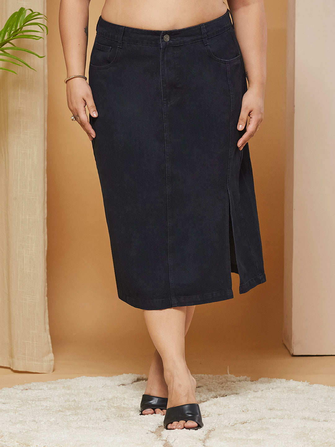 Black Straight-Fit High-Rise Stretchable Denim Midi Skirt for Women