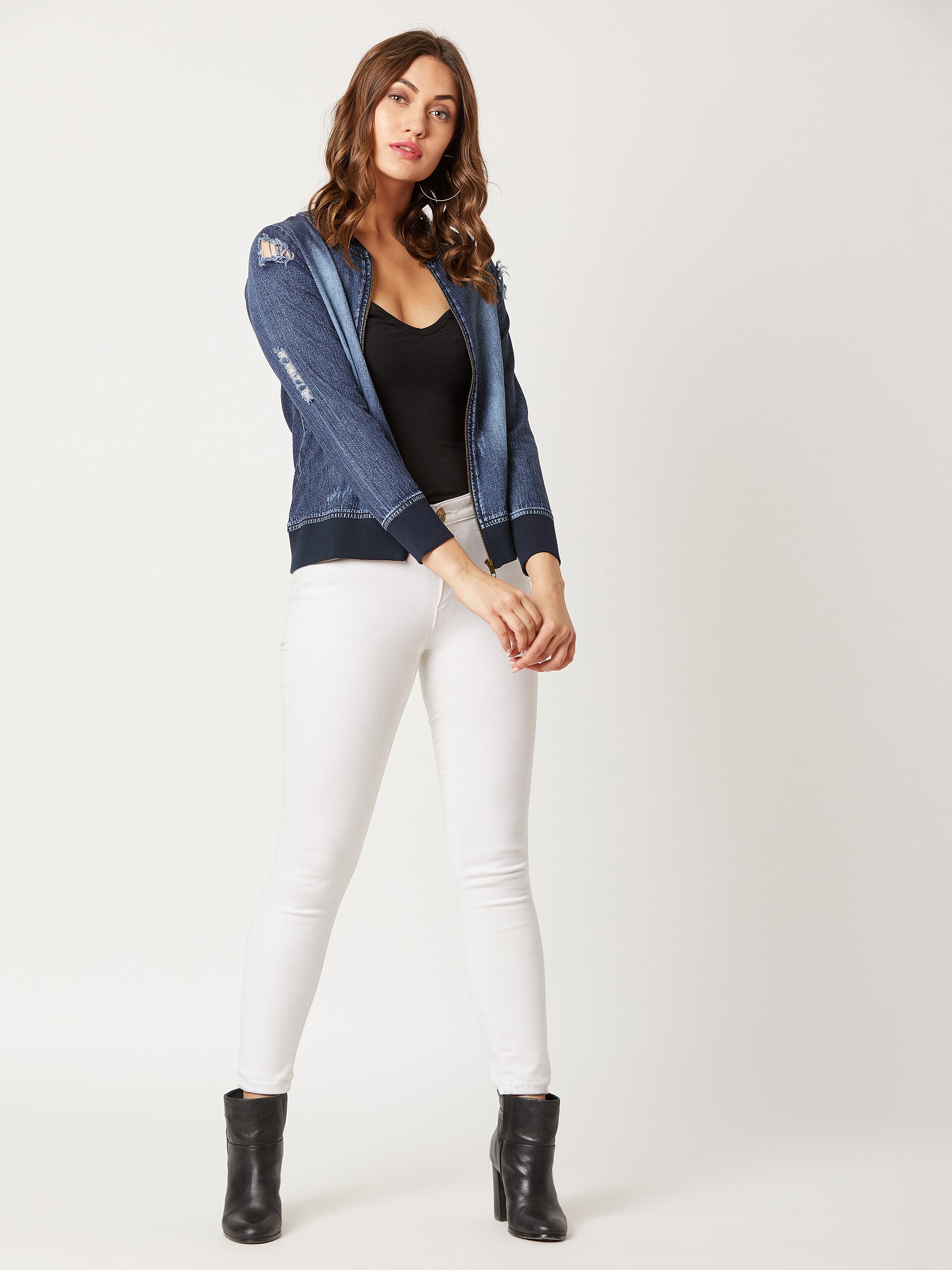 Women's Navy Blue V-Neck Full Sleeve Solid Ripped Bomber Regular Length Denim Jacket