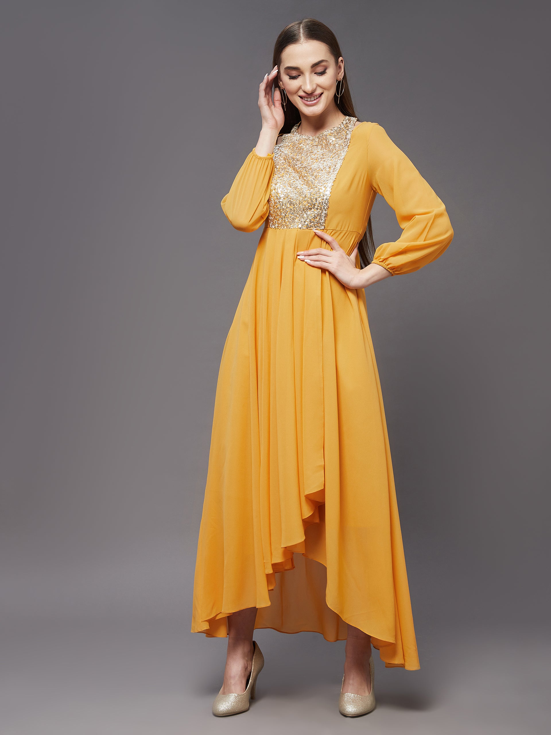 Women's Mustard Embellished Shoulder Cut-out Full Sleeve Maxi Dress