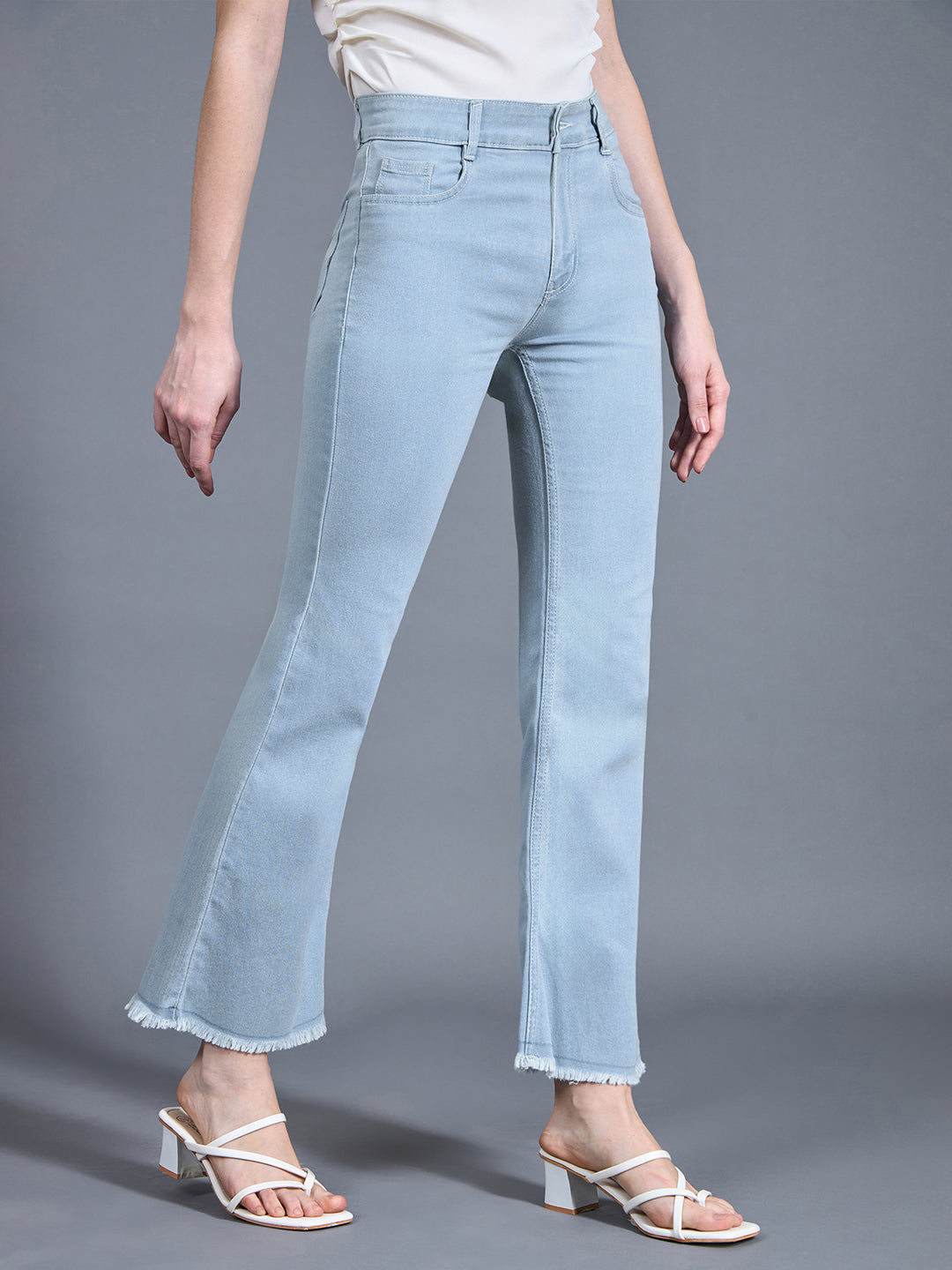 Women's Light Blue Bootcut High-Rise Clean Look Cropped Stretchable Denim Jeans