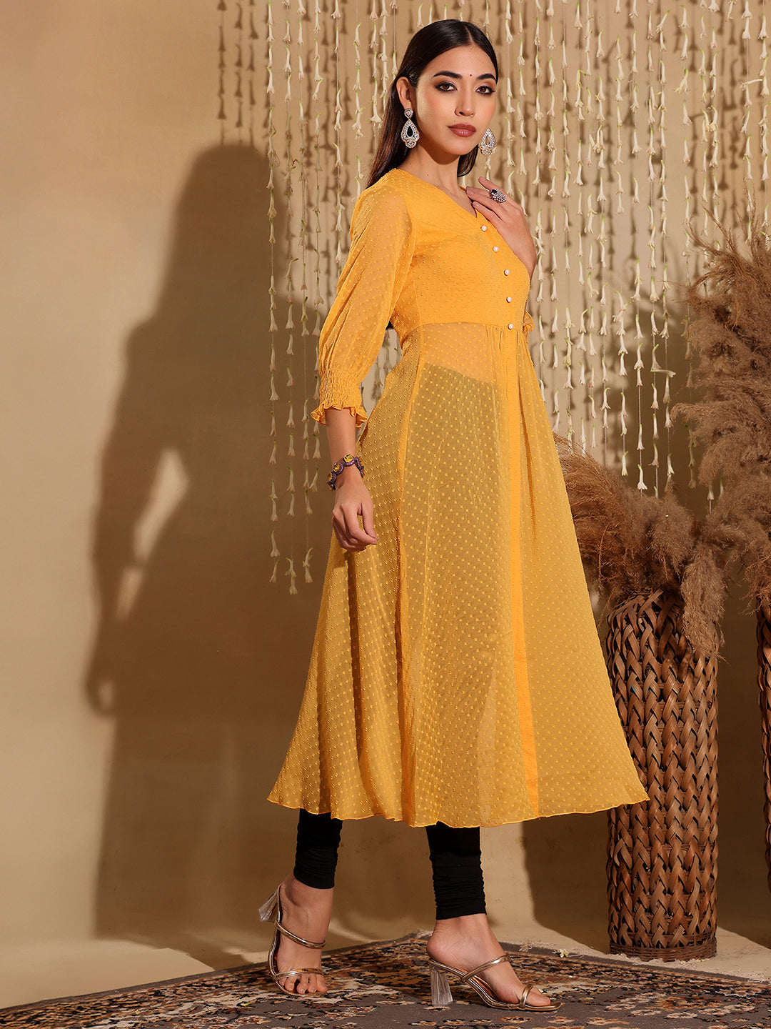 Women's Mustard Yellow V-Neck 3/4 Sleeves solid empire Maxi Top