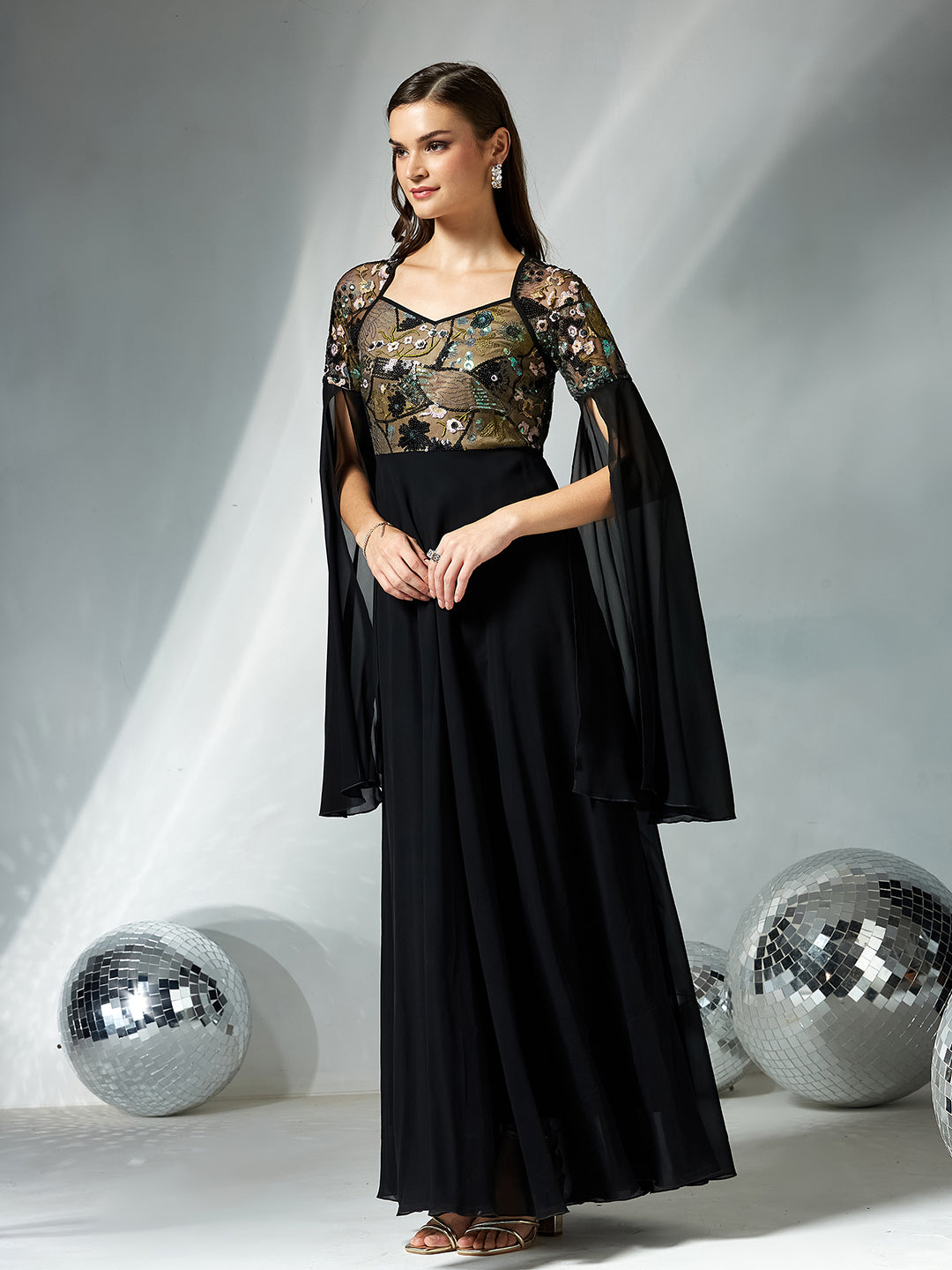 Women's Black Sweet-Heart Full Sleeve Embellished Slit Sleeve Maxi Georgette Dress