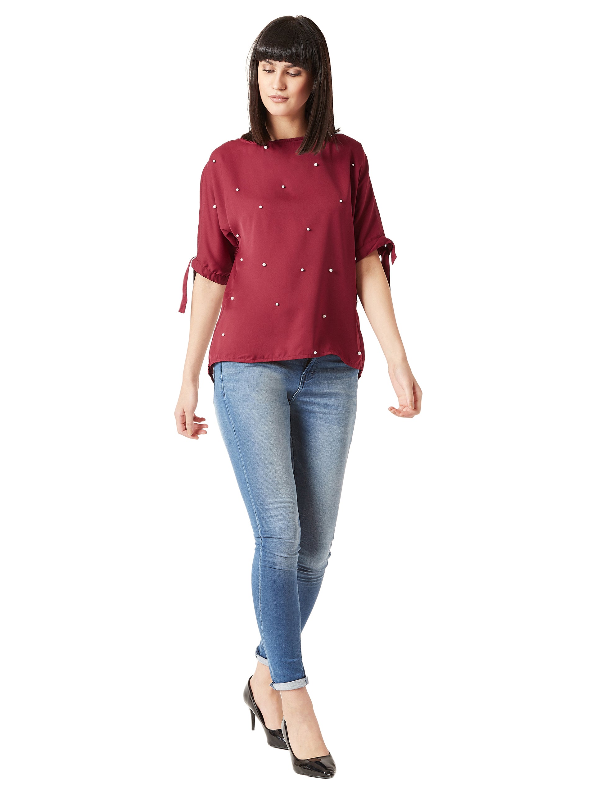 Women's Maroon Round Neck Half-Sleeve Pearl Tie-up Knot Top