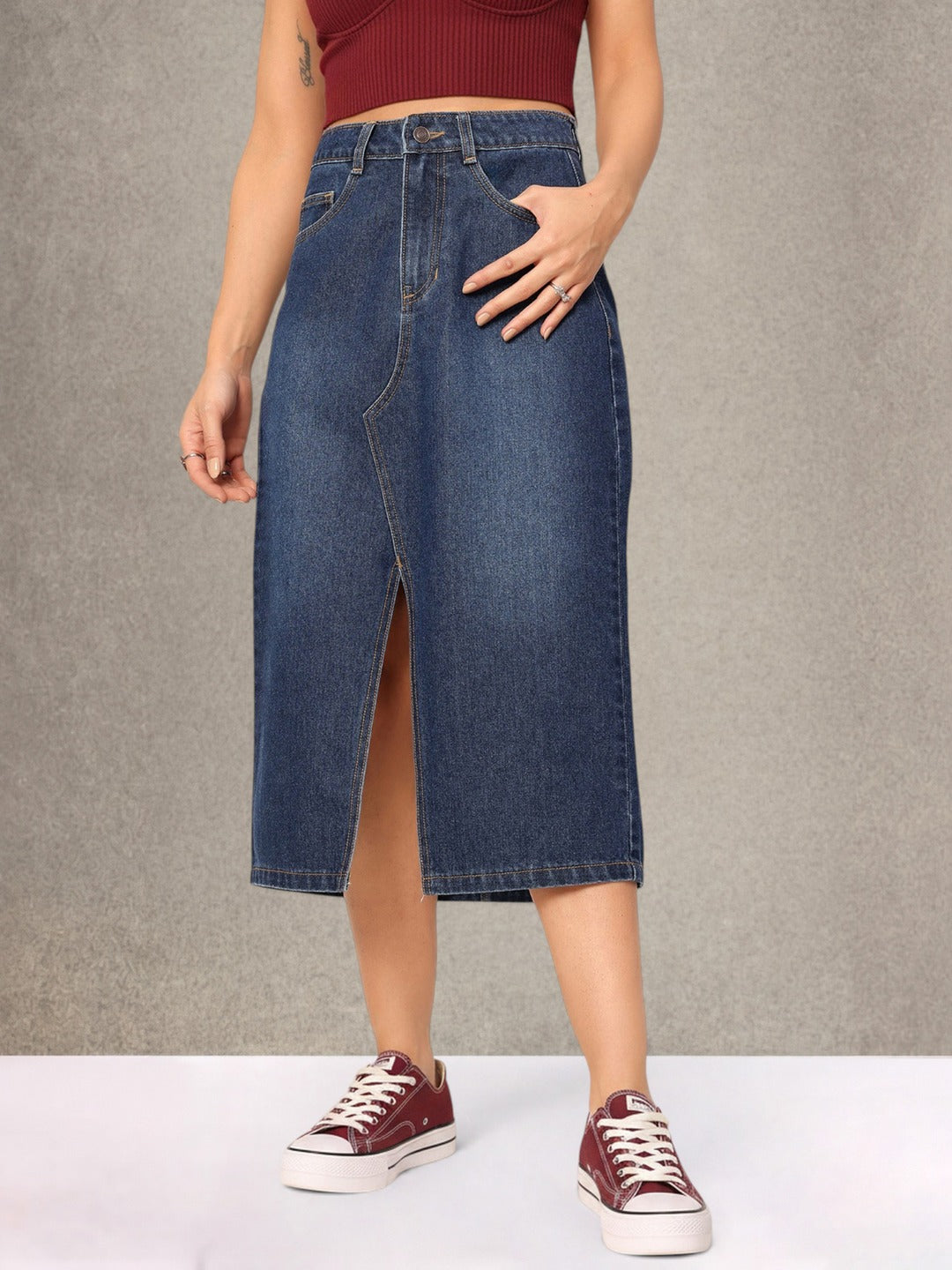 Dark Blue A-Line High-Rise Non-stretchable Denim Midi Skirt for Women