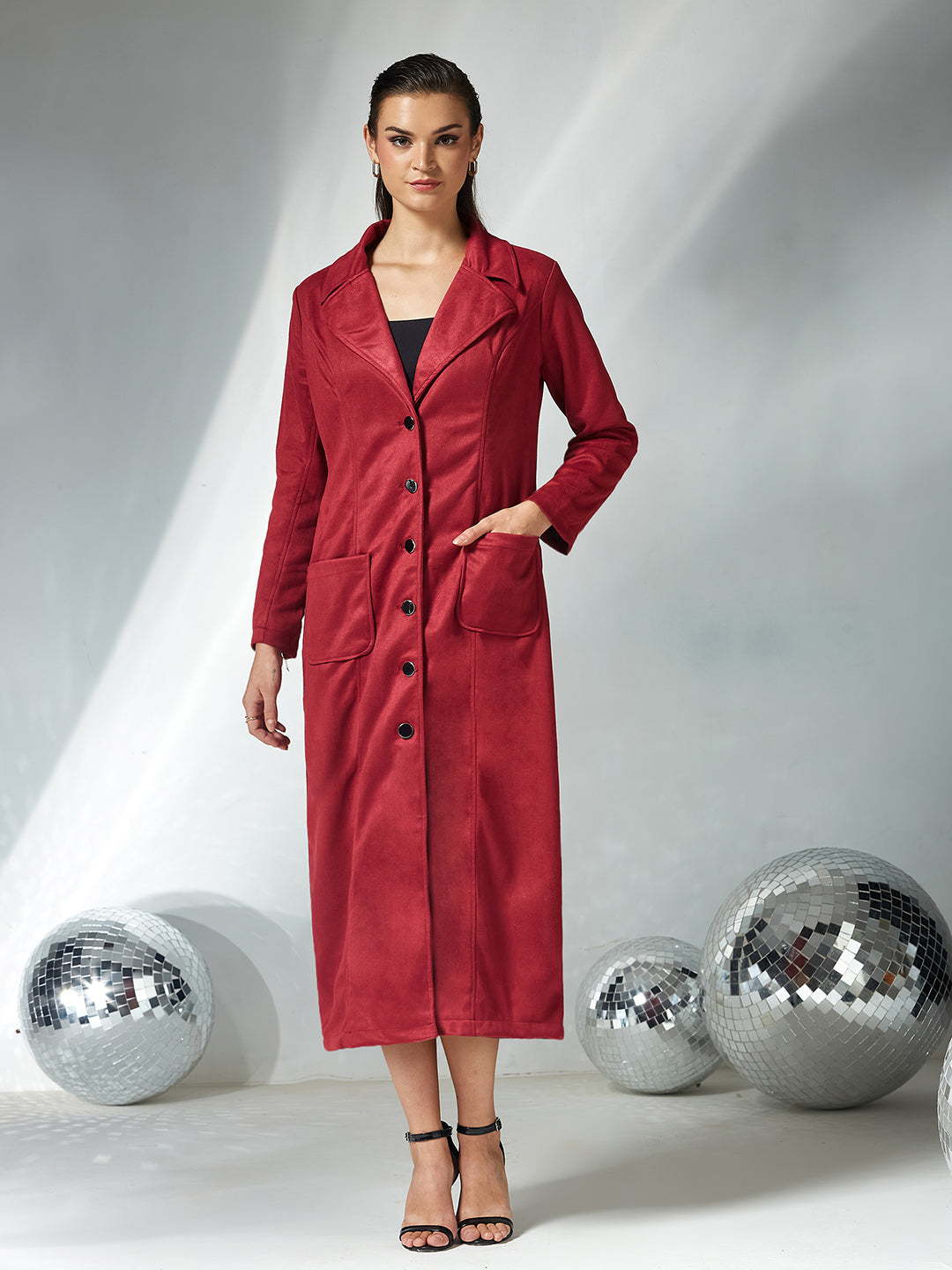 Women's Dark Red Solid V-Neck Full Sleeves Patched Pocketed Polyester Button Down Longline Winter Wear Jacket