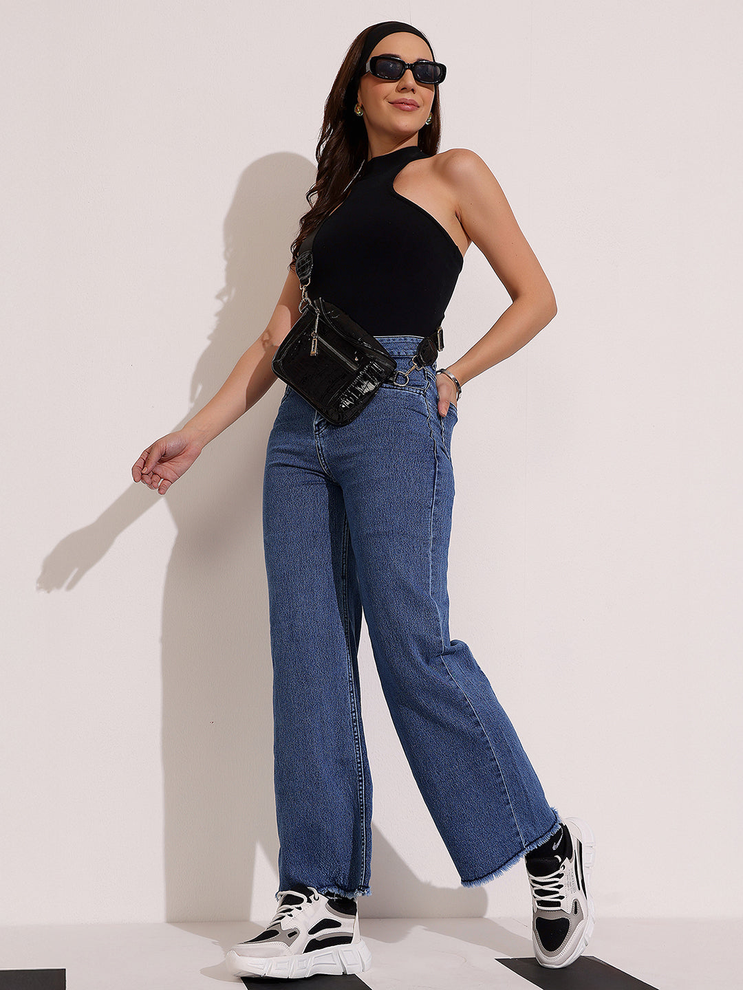 Women's Navy-Blue Wide-Leg High Rise Regular-Length Stretchable Denim Jeans