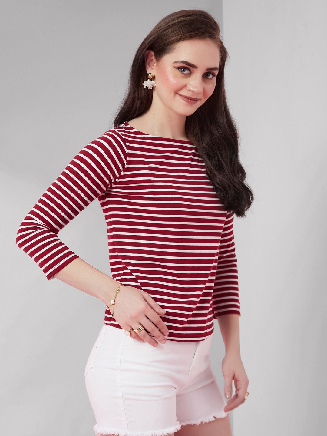 Maroon & White Boat Neck 3/4 Sleeve Cotton Striped Top for Women