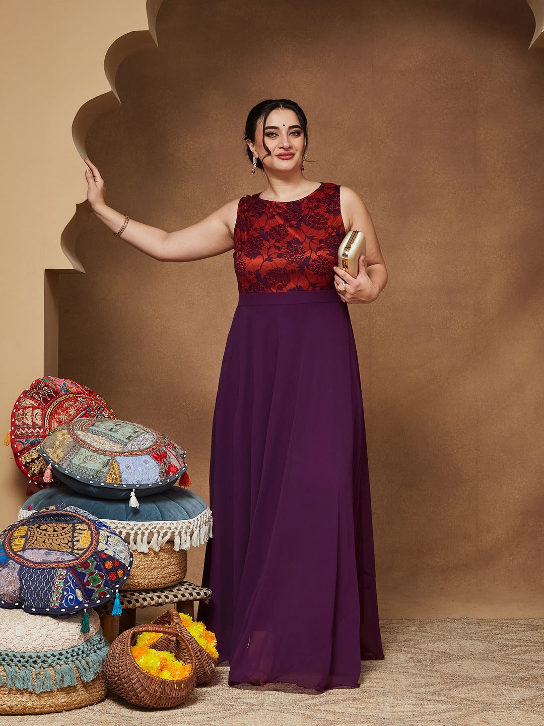 Dark Purple Round Neck Sleeveless Georgette & Lace Floral Fit & Flare Maxi Dress for Women