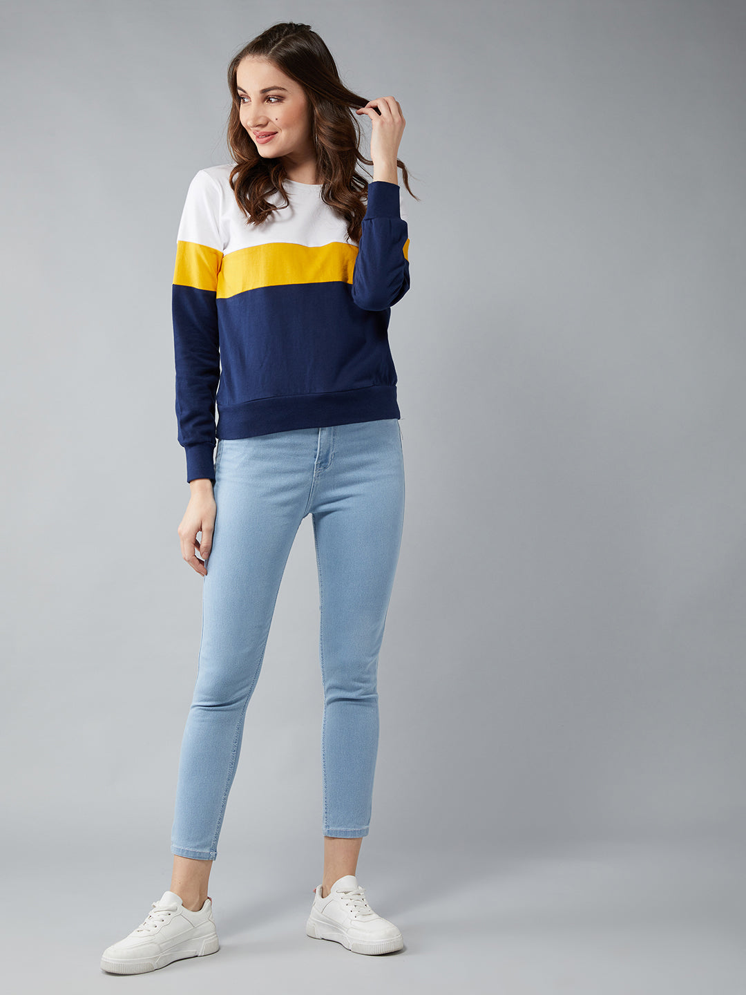 Women's Multicolored With A Navy Blue Base Round Neck Full Sleeves Cotton Solid Colorblock Paneled Boxy Sweatshirt