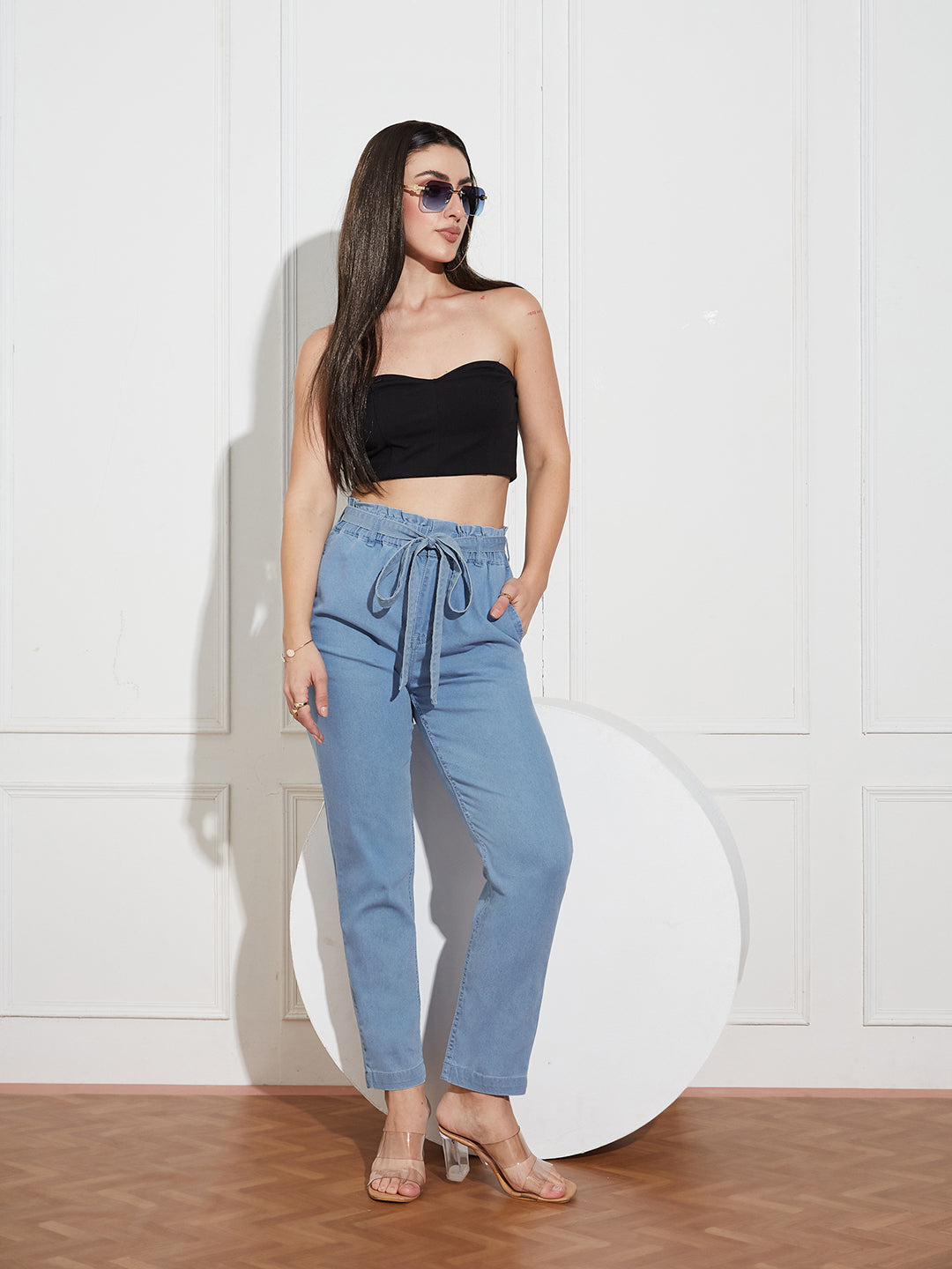 Women's Light-Blue Paperbag-Fit High-Rise Clean-Look Regular-Length Stretchable Denim Jeans